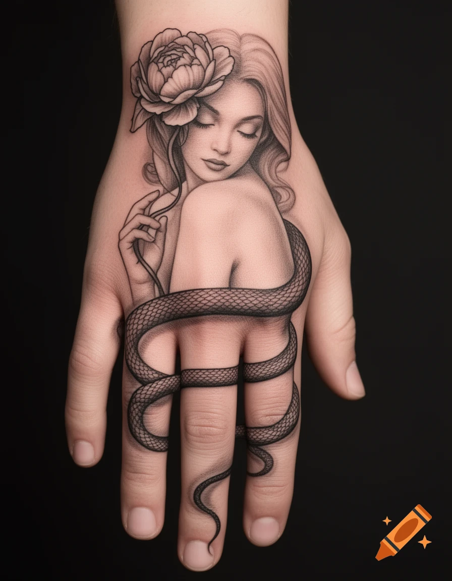 A black and grey tattoo on a hand and forearm depicts a woman with a flower in her hair, wrapped sensually by a snake.