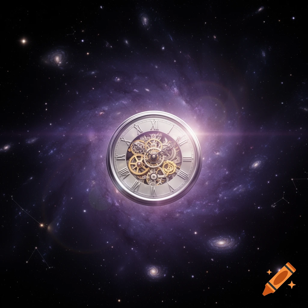 A detailed silver pocket watch with visible gold gears floats in deep space, surrounded by galaxies and stars.