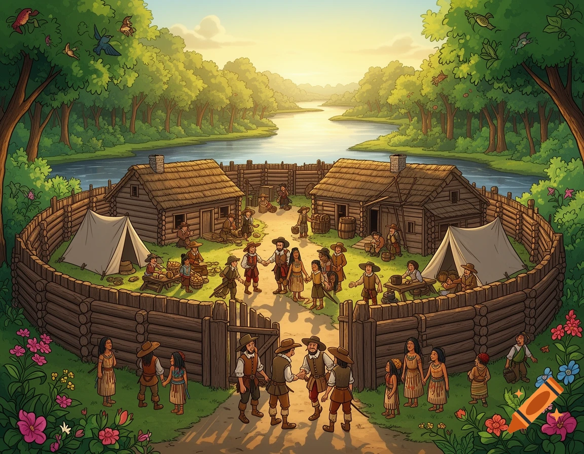 Cartoon illustration of a bustling 1607 Jamestown settlement by a river, with log cabins, tents, and people interacting within a wooden palisade.