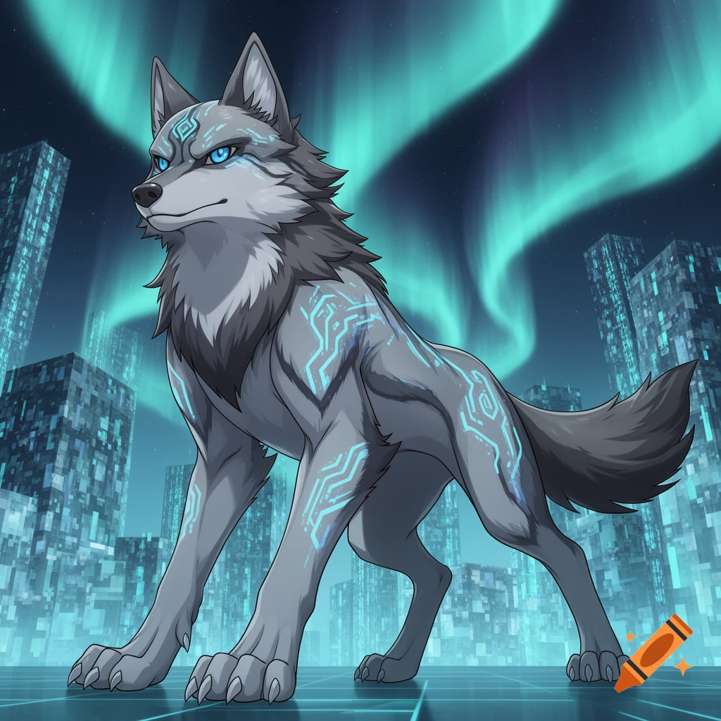 A stylized grey wolf with glowing blue eyes and circuit-like patterns, standing on a grid surface in a futuristic city under an aurora sky.