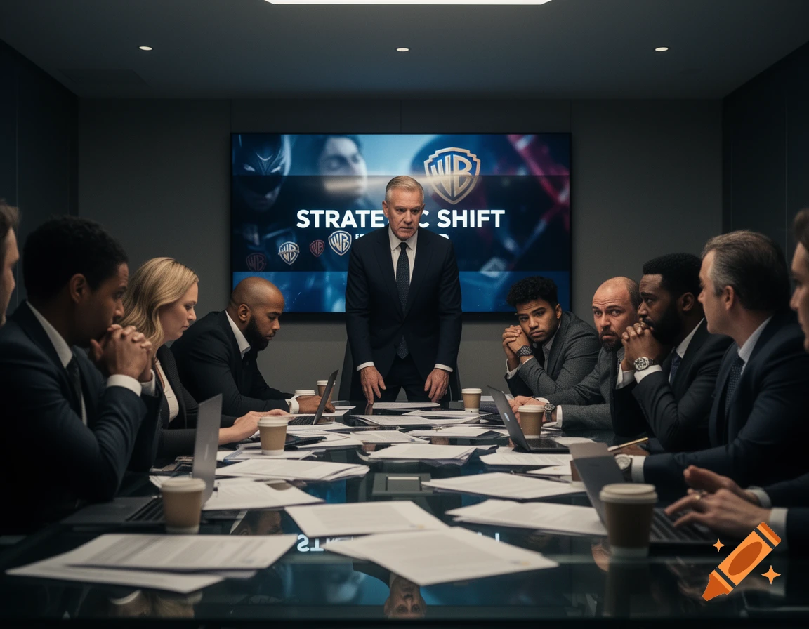 Professionals in a dark corporate meeting room, with a man standing at the head of the table. A screen behind him displays "STRATEGIC SHIFT" and Warner Bros. logos.