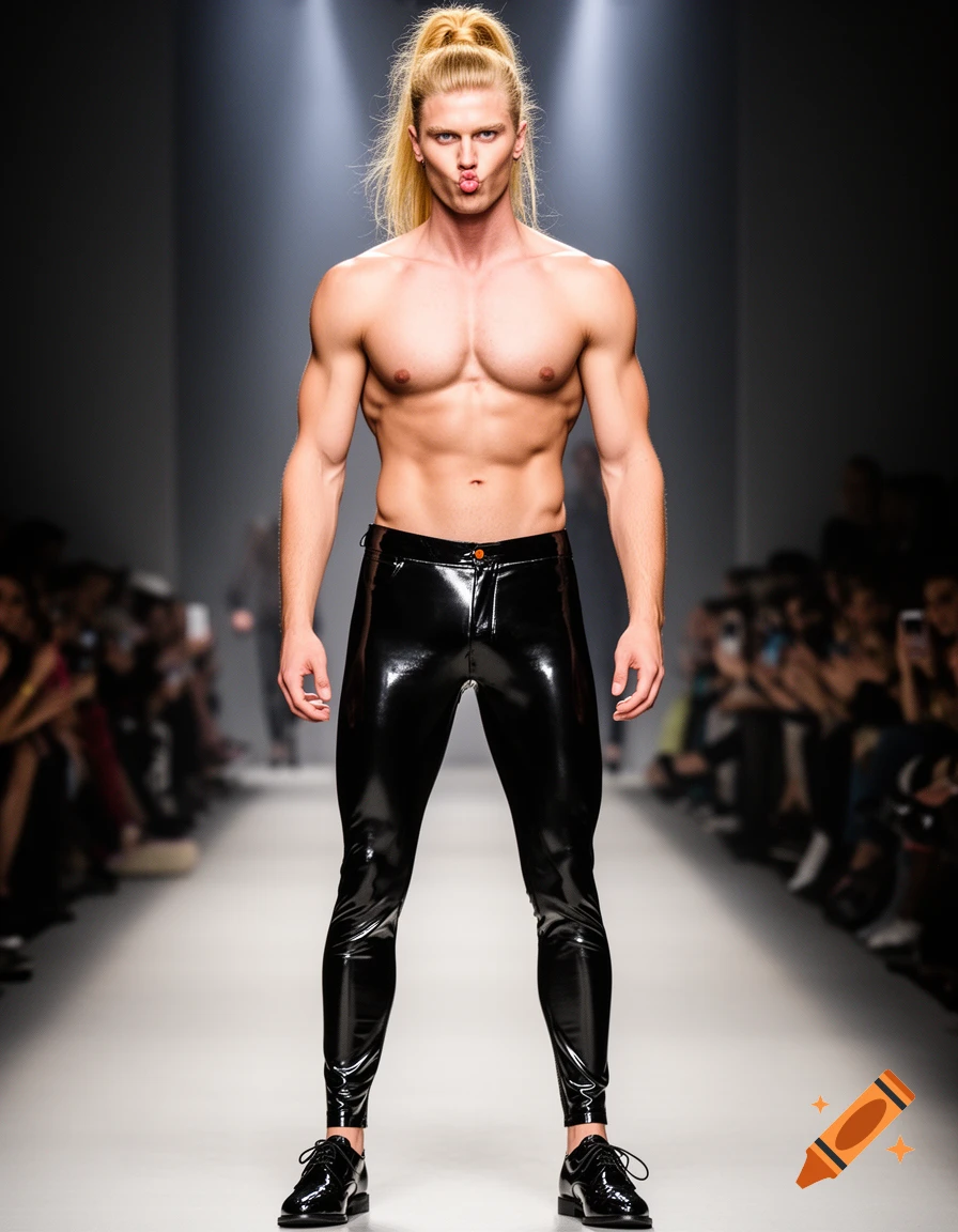 Muscular male model with a golden blonde ponytail, shirtless in shiny black latex pants, puckering lips on a fashion runway.