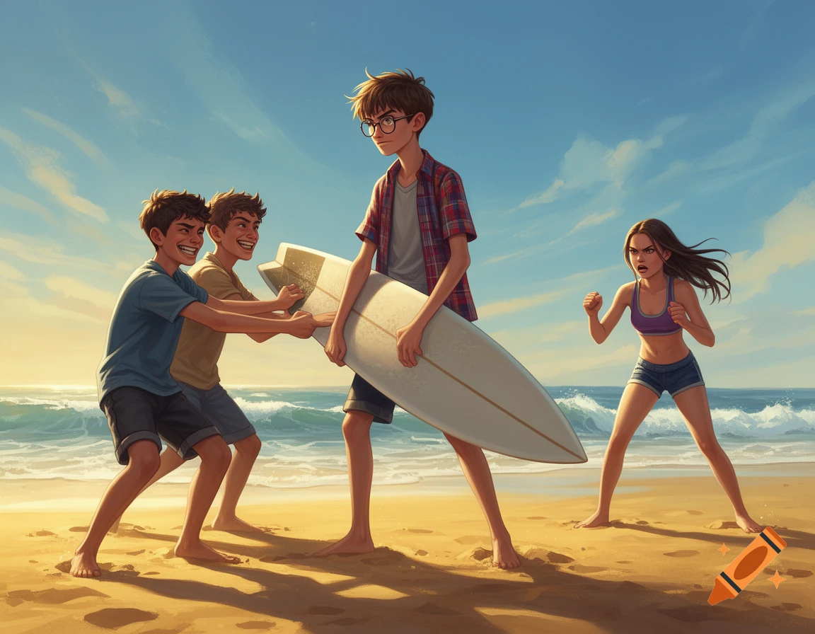 Digital art of a boy with a surfboard on a sunny beach, two boys grabbing it, and an angry girl nearby.