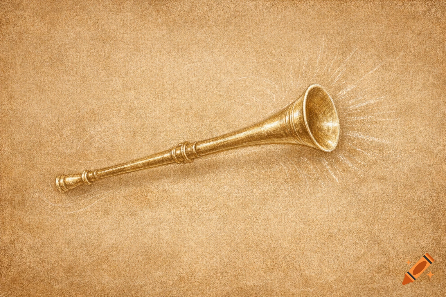 Golden medieval horn illustration on a rustic sepia background, with subtle light rays emanating from its bell.