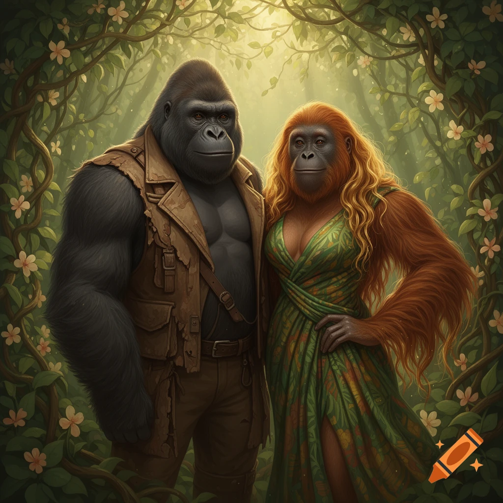 A humanoid male gorilla in a vest and a female orangutan in a green dress pose in a lush jungle with glowing light.