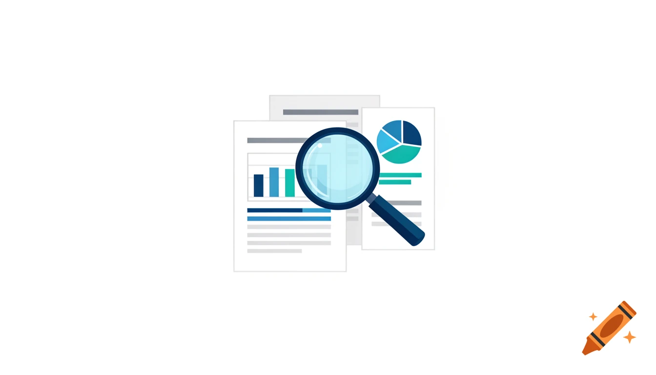 A magnifying glass over documents with bar and pie charts, in a clean, modern, minimalist illustration style with blue and teal colors.