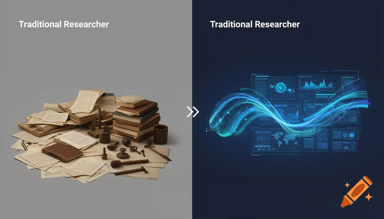 Split-screen comparison: traditional research with books and papers vs modern digital research with data dashboards.