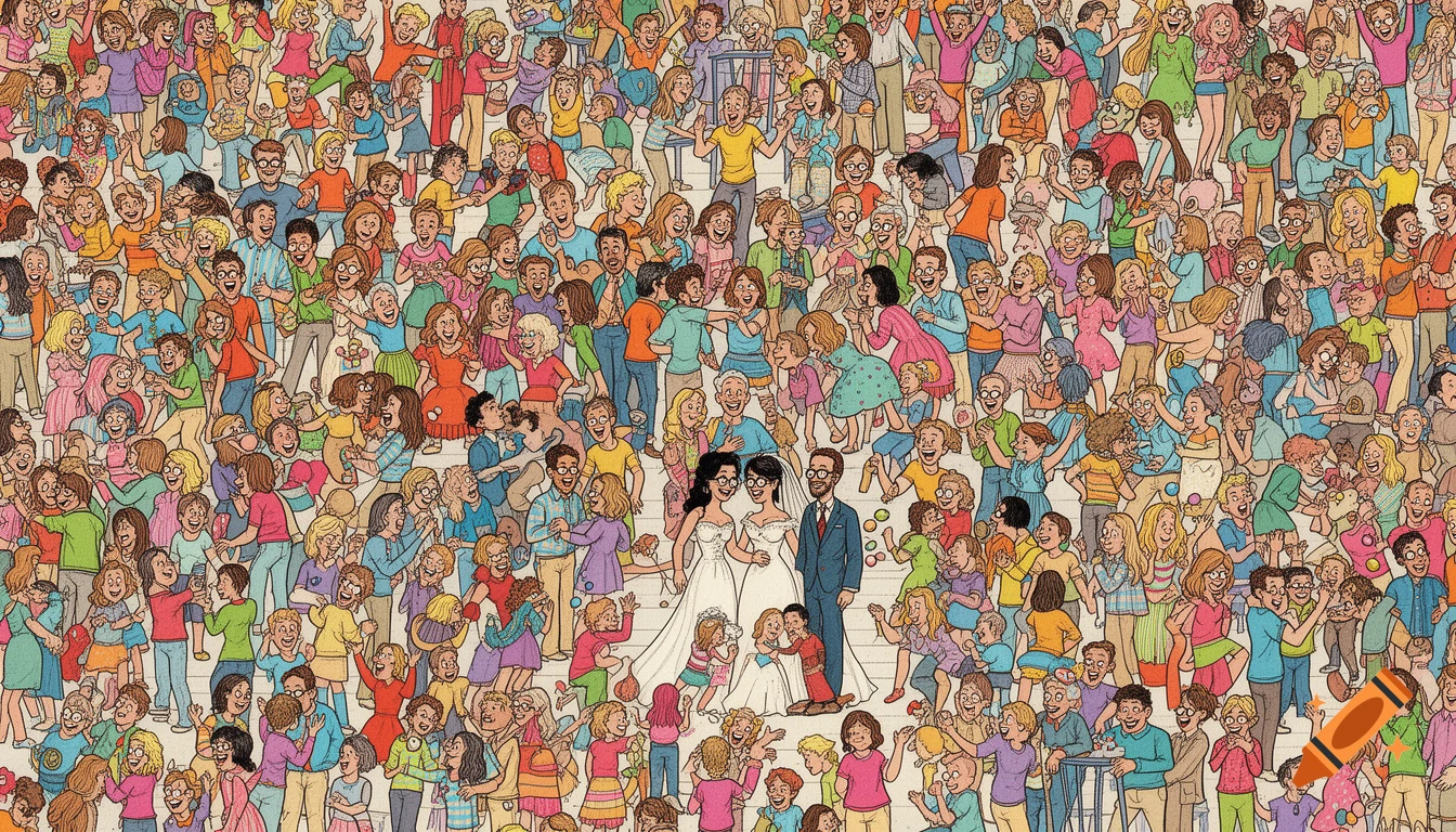 Colorful, detailed cartoon crowd in 'Where's Waldo' style, with a hidden bride and groom.