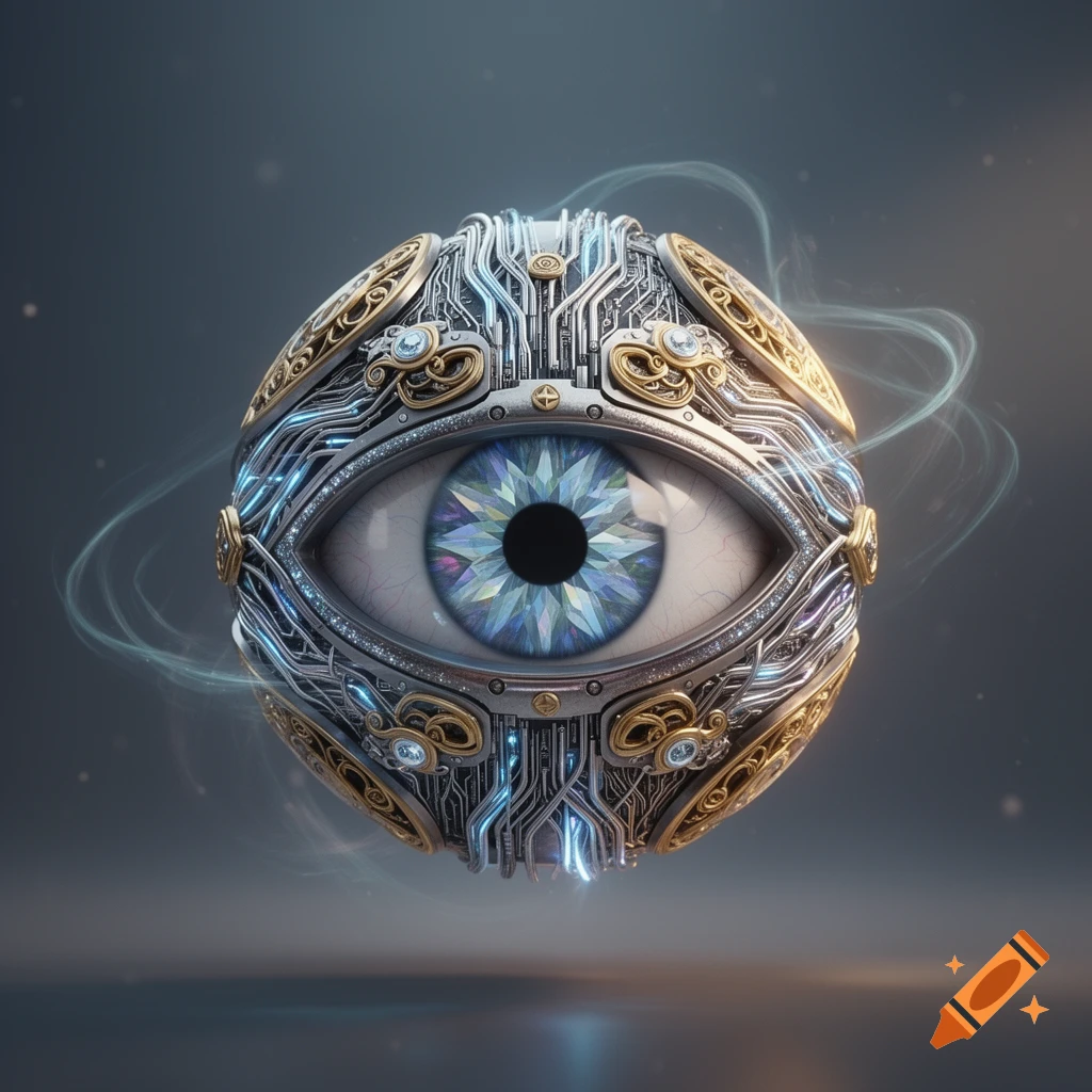 A highly detailed cybernetic eyeball with a faceted blue iris, intricate silver circuitry, and golden ornate details, floating against a dark background with glowing wisps.