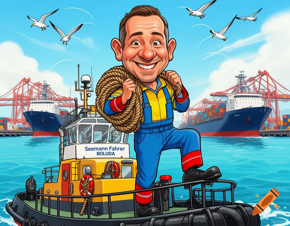 Cartoon caricature of a smiling man in work clothes holding a rope, standing on a tugboat in a harbor with cargo ships.