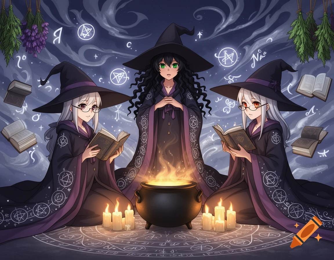Three anime witches, one with dark hair and two with white hair and glasses, read books around a glowing cauldron in a magical night setting.