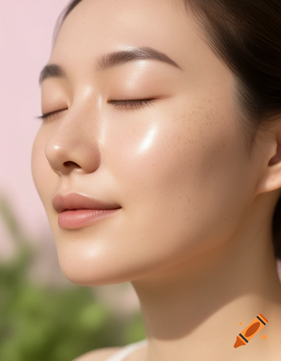 Close-up photorealistic portrait of a person with glowing, smooth skin, eyes closed, against a soft pink and green background.