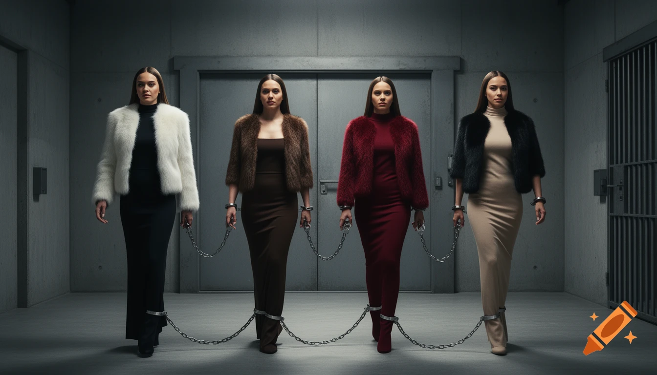 Four women in elegant dresses and fur jackets, handcuffed and shackled, walk in a cinematic, industrial prison setting.