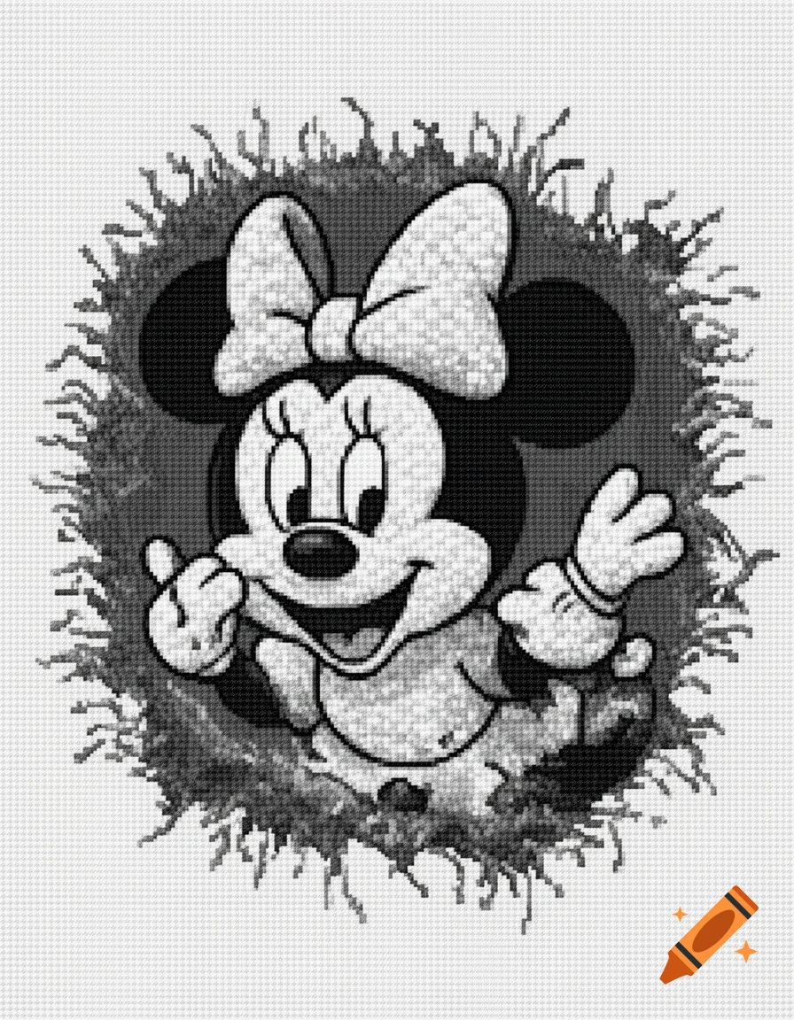 Baby Minnie Mouse in a black and white cross-stitch style, smiling and peeking through a textured circle.