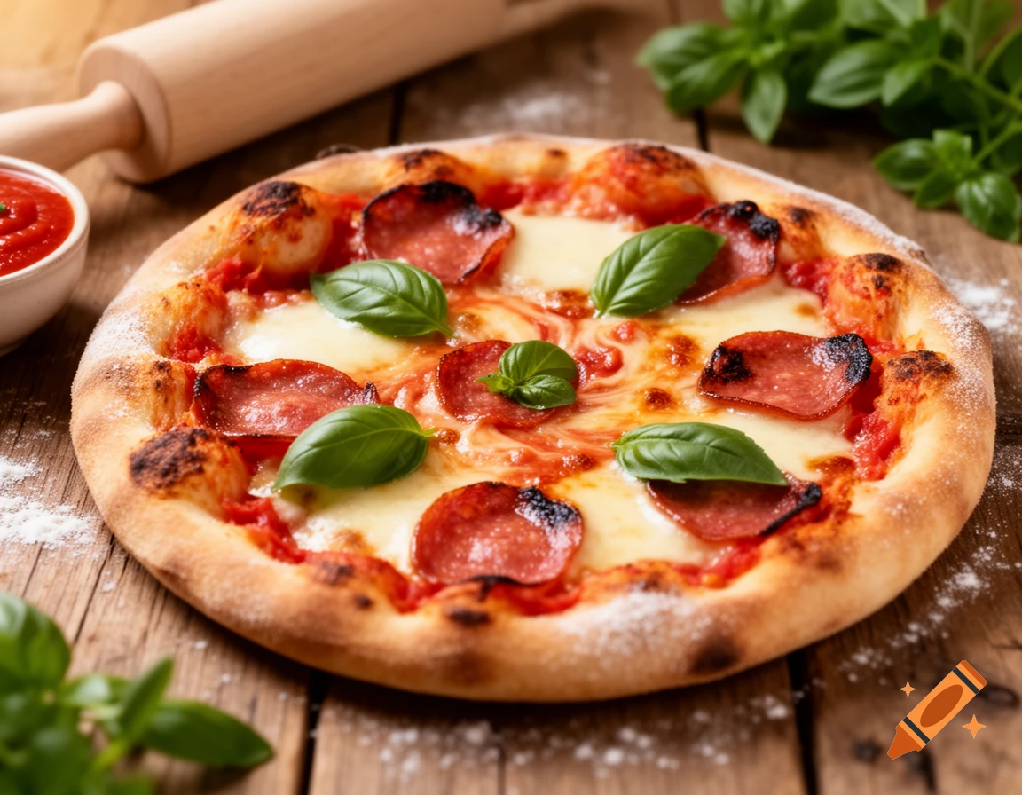 A delicious-looking pepperoni pizza topped with fresh basil, on a rustic wooden table with a rolling pin and sauce.