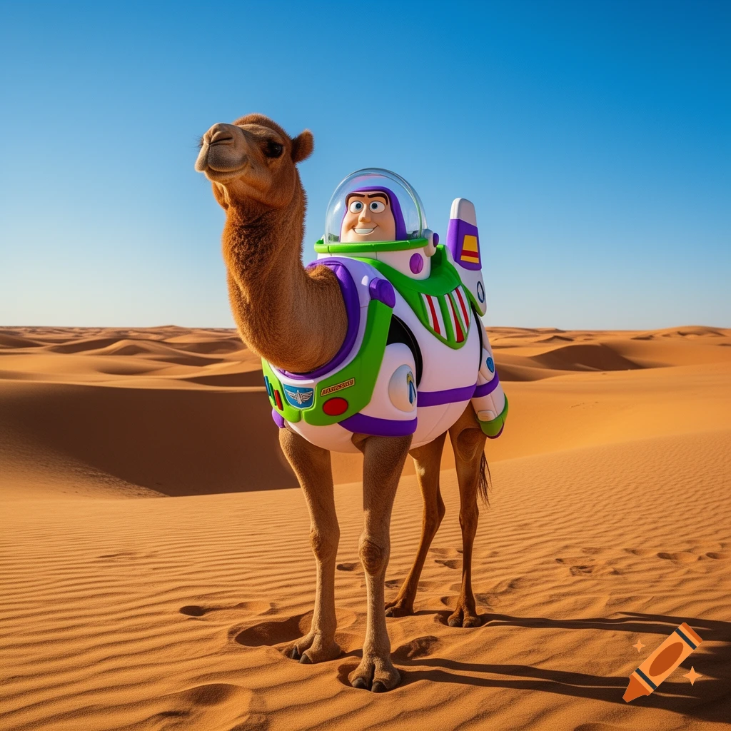 A camel wears a Buzz Lightyear costume, standing in a vast, sunny desert with sand dunes.
