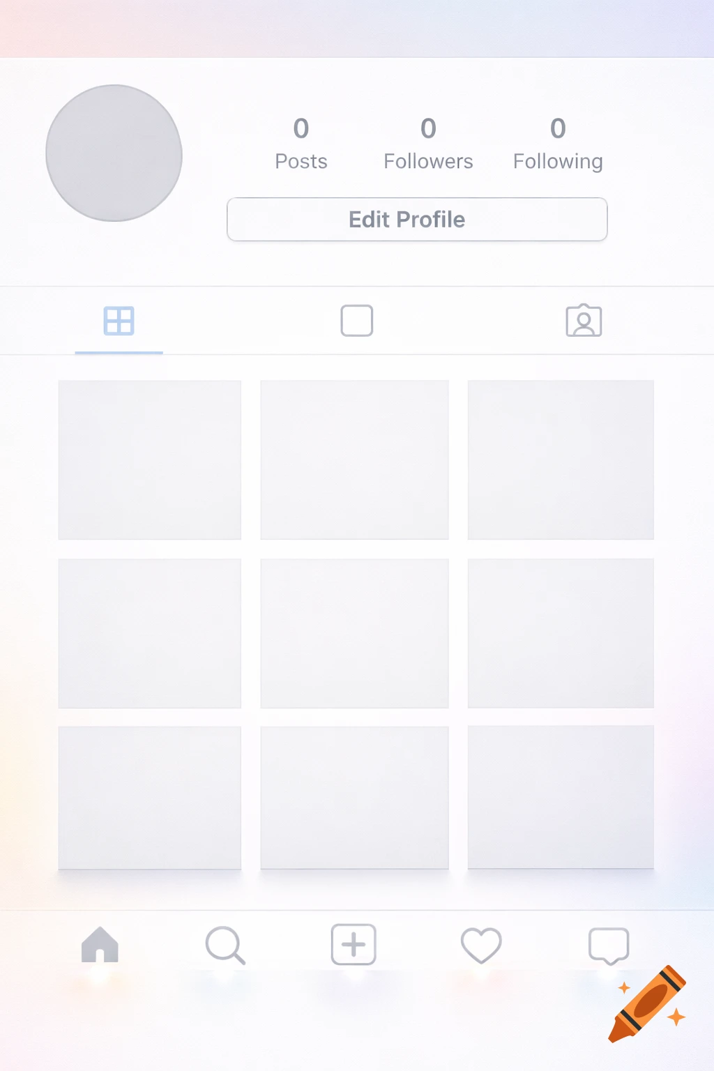 A minimalistic blank Instagram profile page with placeholders for posts and basic navigation icons.