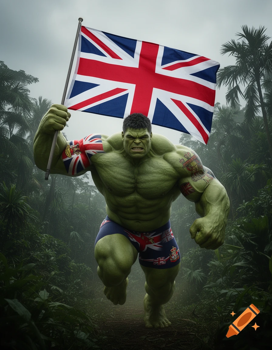 A muscular green Hulk-like character runs through a dark jungle, angrily carrying a large British flag and wearing Union Jack shorts.