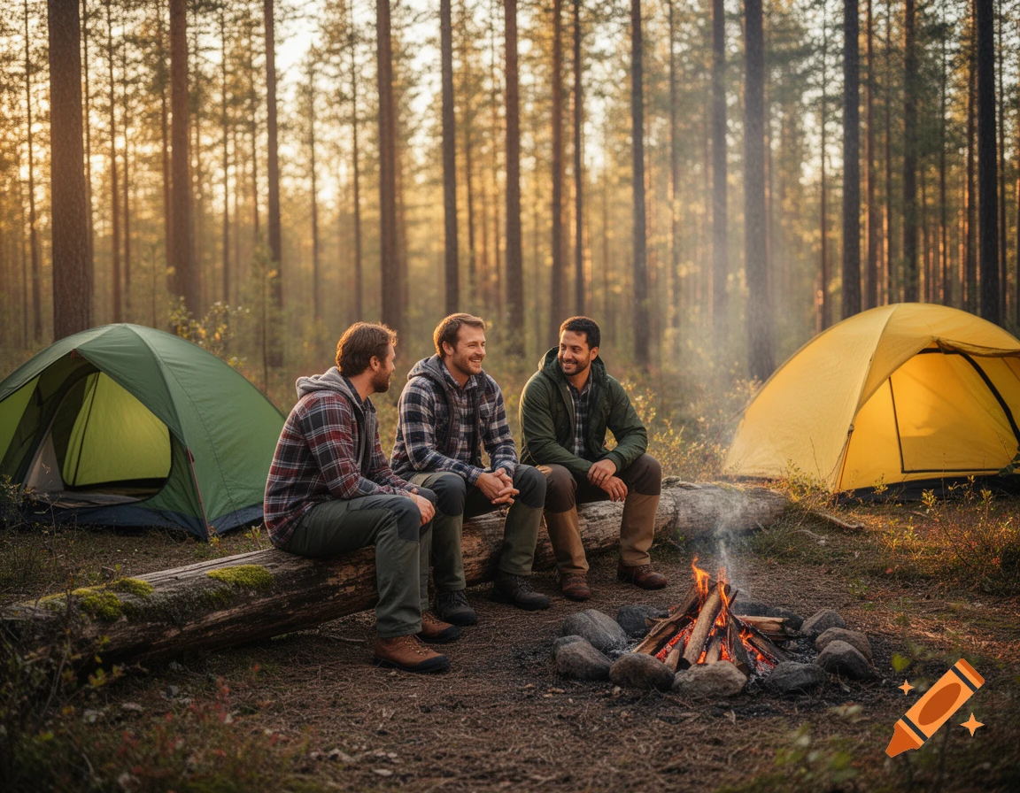 Three men sit on a log near two tents, gathered around a crackling campfire in a sun-dappled forest at sunset.