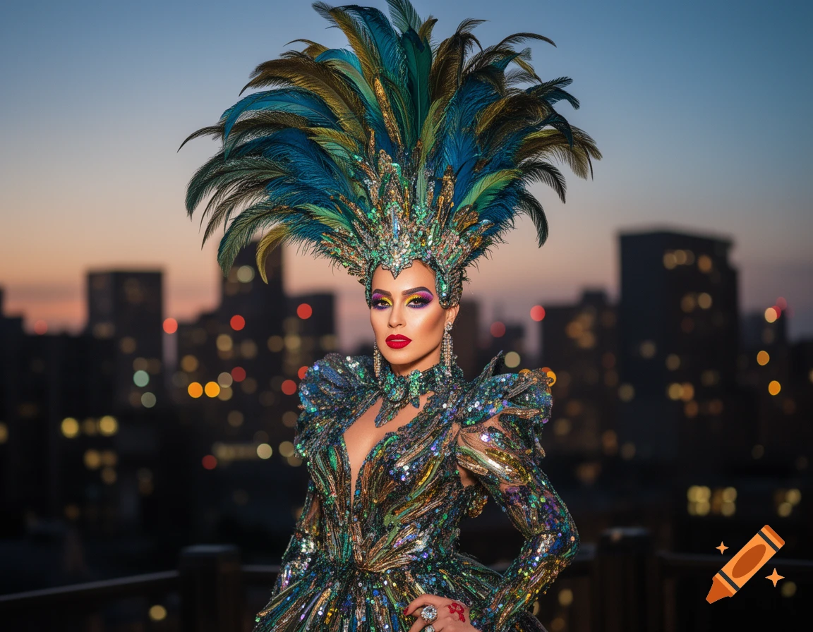 A person in an elaborate feathered and sequined costume with dramatic makeup, posing against a blurred city skyline at dusk.