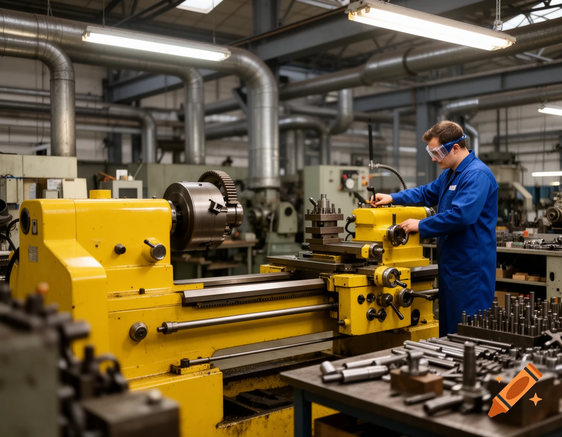 A man in a blue uniform and safety goggles operates a yellow lathe machine in a bustling factory workshop.