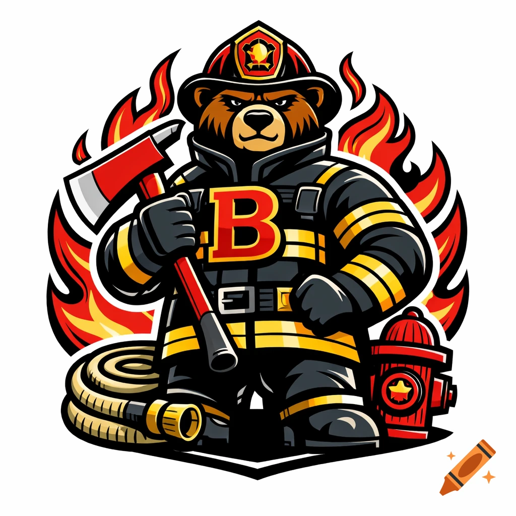 A vector logo of a muscular firefighter bear mascot in a suit and helmet, holding an axe, with a 'B' on its chest, surrounded by flames, a fire hose, and a hydrant.