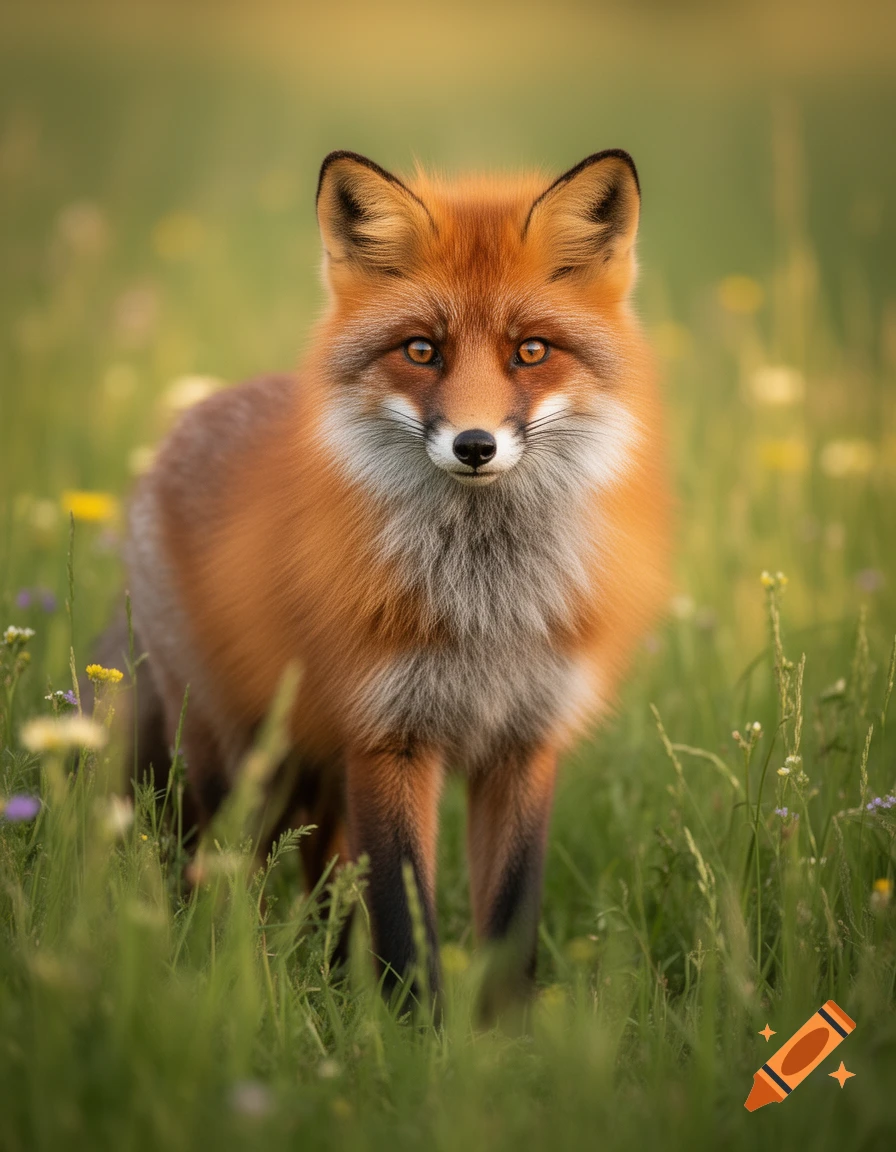 A photorealistic red fox with bright orange fur stands in a green field filled with wildflowers, looking directly forward.