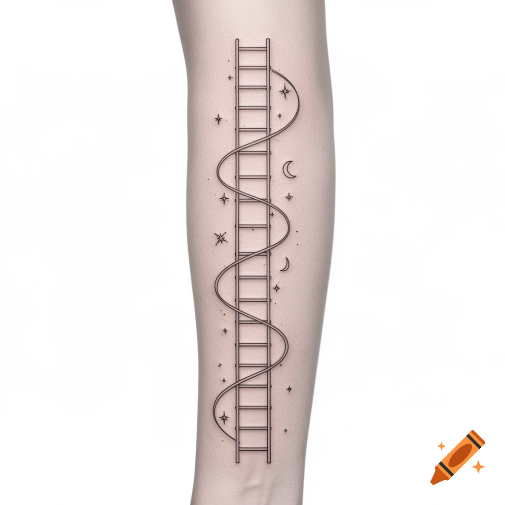 A minimalist line art tattoo depicting a ladder with a swirling vine and small stars and crescent moons on a person's arm.