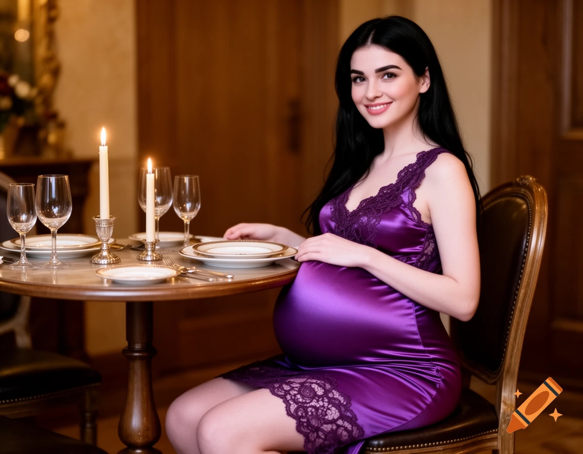 A smiling pregnant woman in a purple satin dress sits at a candlelit dining table.