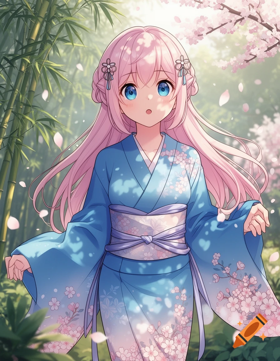 An anime girl with long pink hair and blue eyes wears a blue kimono patterned with cherry blossoms, standing in a bamboo forest with falling petals.