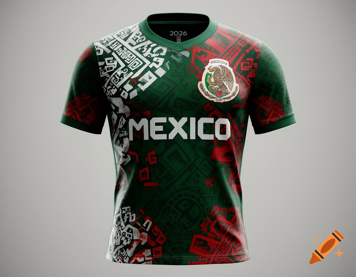 A dark green Mexico soccer jersey featuring white 'MEXICO' text, a white and red Aztec-inspired pattern, and the Mexican emblem.
