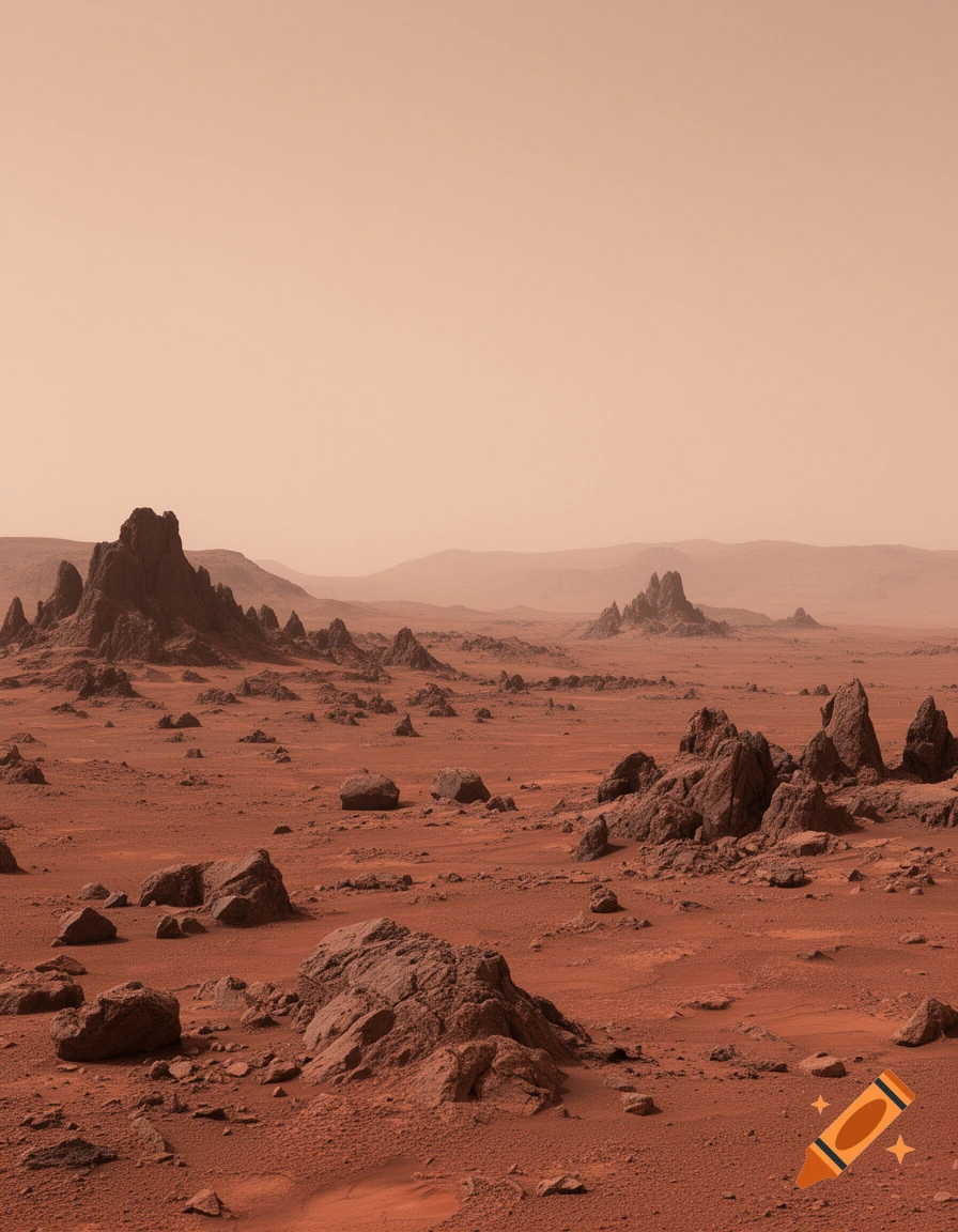 A desolate Martian landscape with a reddish-orange sky and ground, scattered with rocks and jagged rock formations extending into the distance.