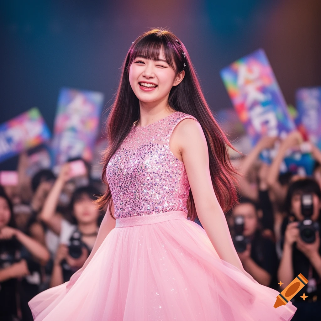 A smiling Japanese idol in a sparkling pink dress winks at the camera on stage, with a blurred crowd in the background.