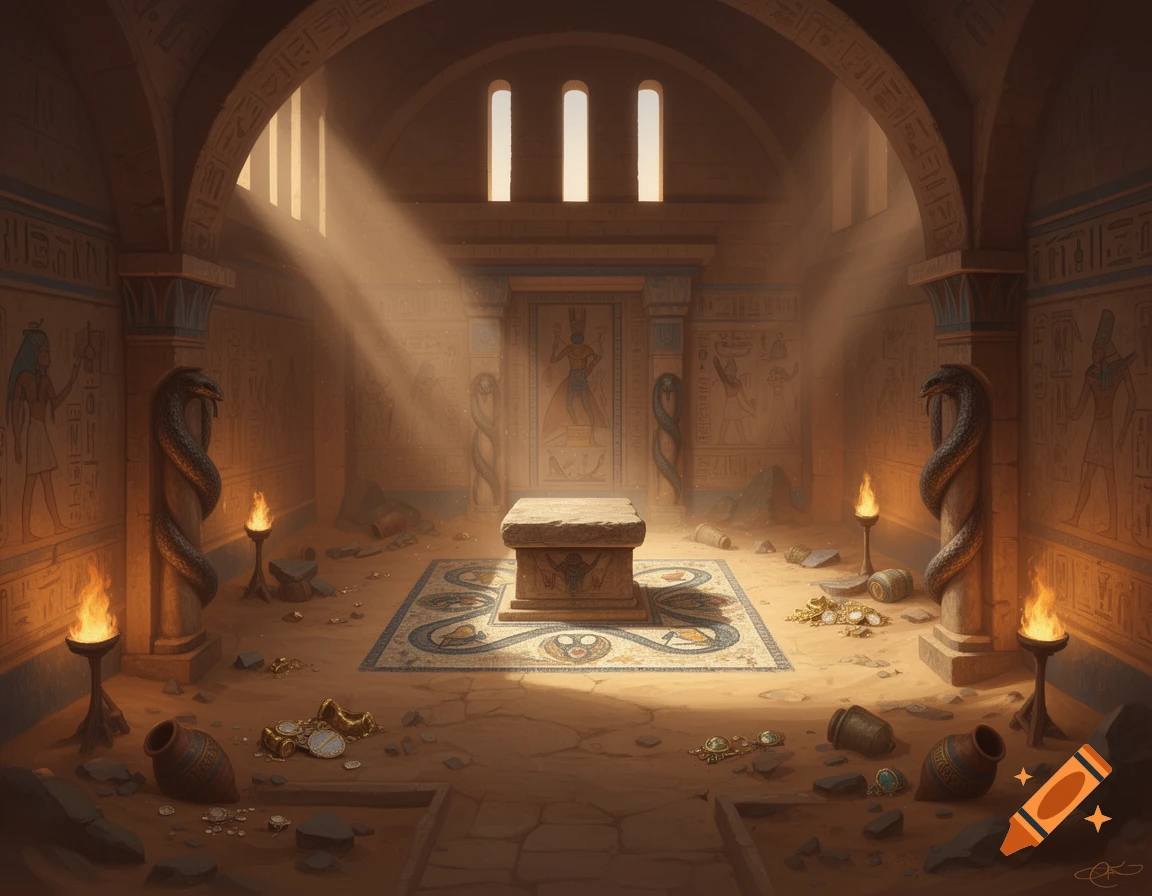 A sun-drenched desert temple room with hieroglyph-covered walls, a central stone altar, serpent-wrapped columns, scattered gold, and flaming braziers.