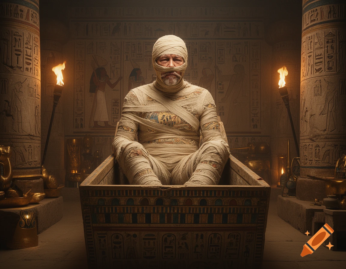 A mummified man, resembling Neil Young, sits in an ornate sarcophagus within a torch-lit ancient Egyptian tomb.
