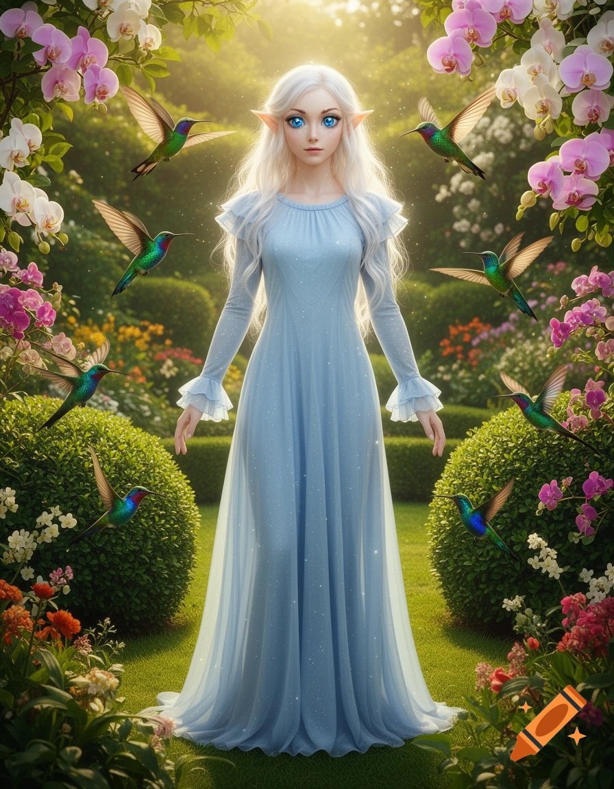 An ethereal elf woman with white hair and pointed ears stands in a lush garden filled with colorful orchids and hummingbirds, wearing a sparkling blue gown.