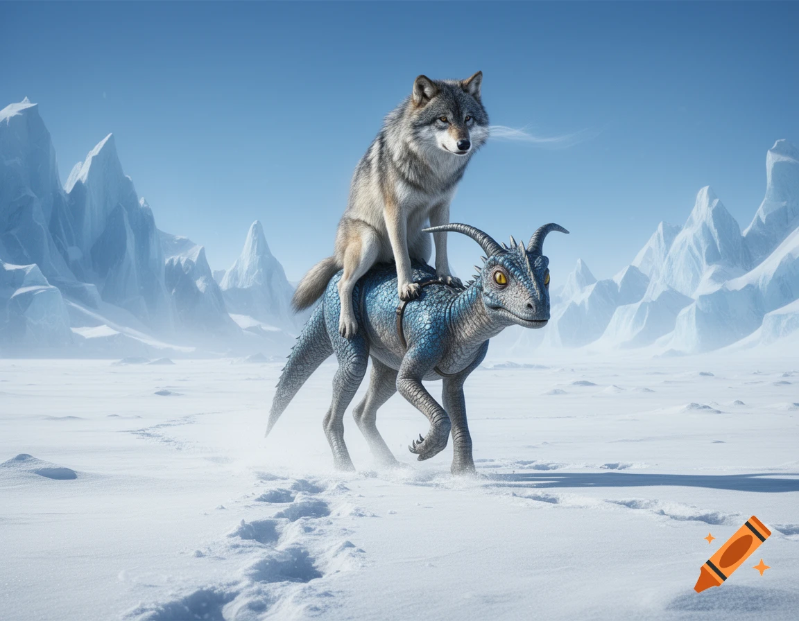 A realistic wolf rides a blue horned creature resembling a taun taun through a snowy arctic landscape with icy mountains.