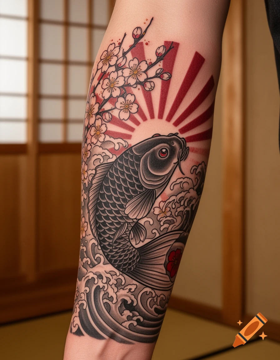 A colorful Japanese-style tattoo on an arm, featuring a grey koi fish, white cherry blossoms, ocean waves, and a red rising sun.