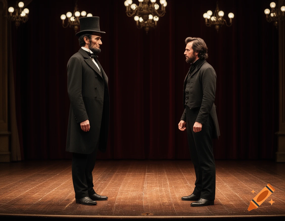 Abraham Lincoln and John Wilkes Booth stand facing each other on a dimly lit theater stage in period attire.