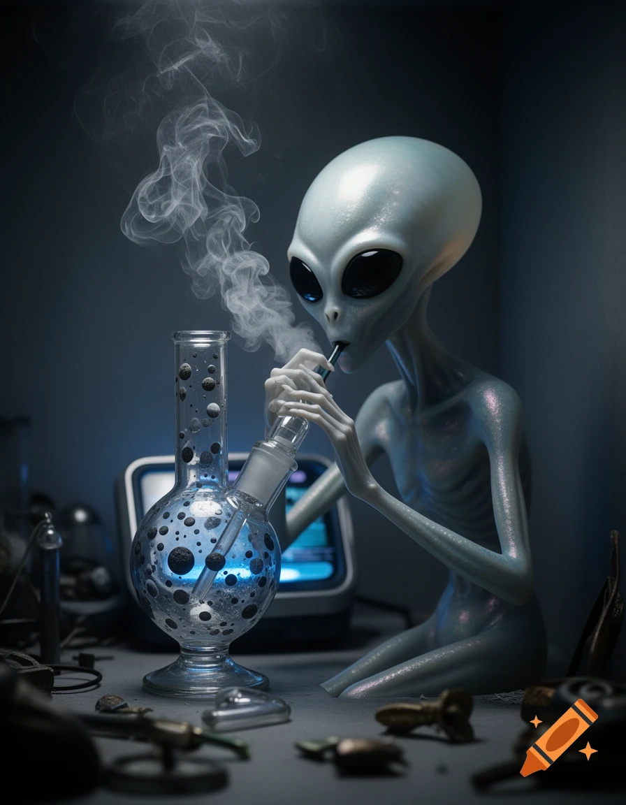 A photorealistic alien with large black eyes sits in a dim room, exhaling smoke from a glowing glass bong.