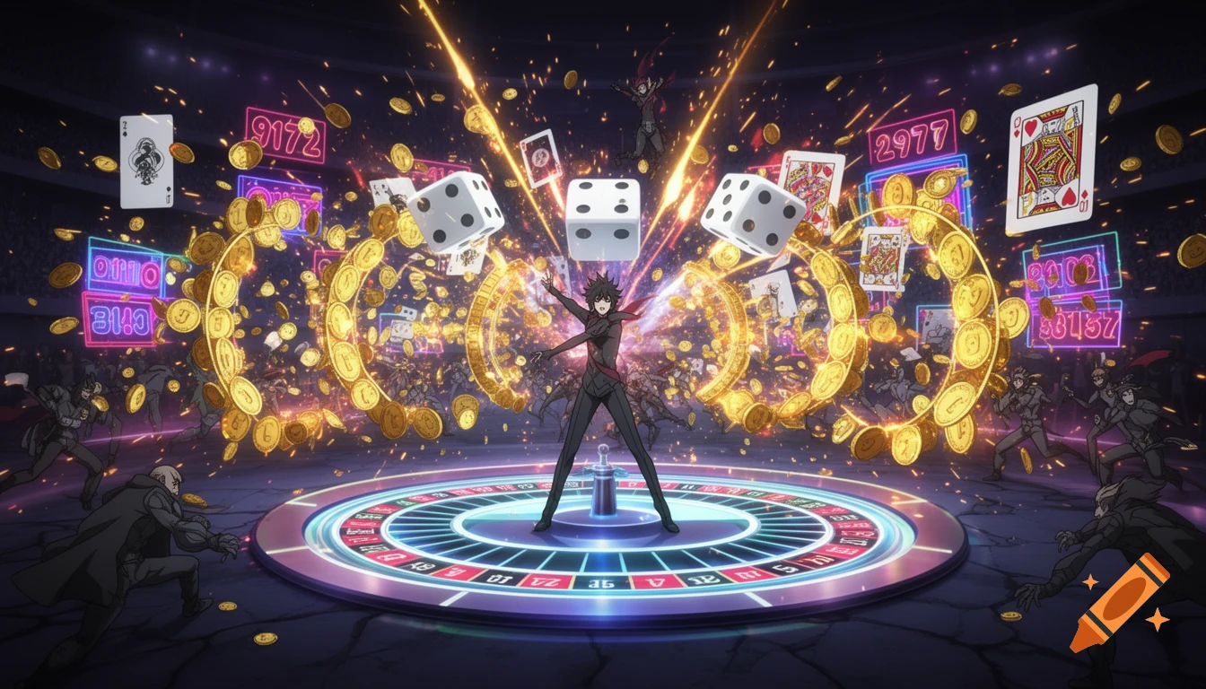 Anime character on a roulette wheel in a chaotic casino battle with floating dice, cards, coins, and neon numbers.