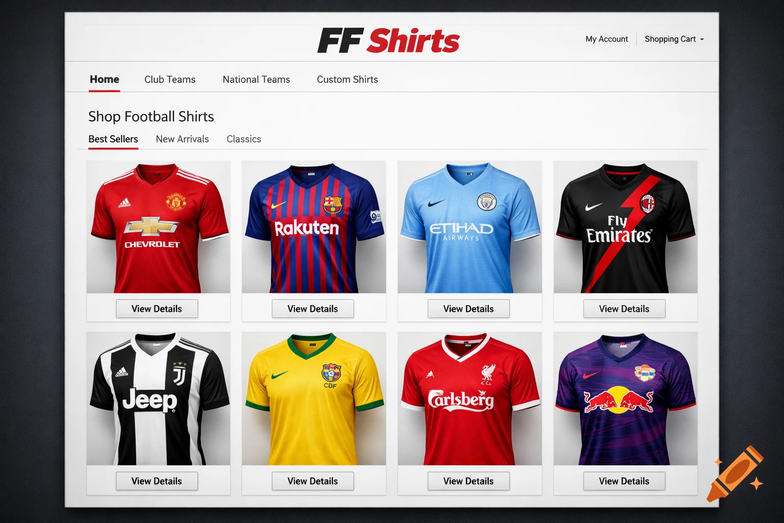 An e-commerce webpage with a selection of popular football club and national team jerseys, including Manchester United, Barcelona, and Juventus.