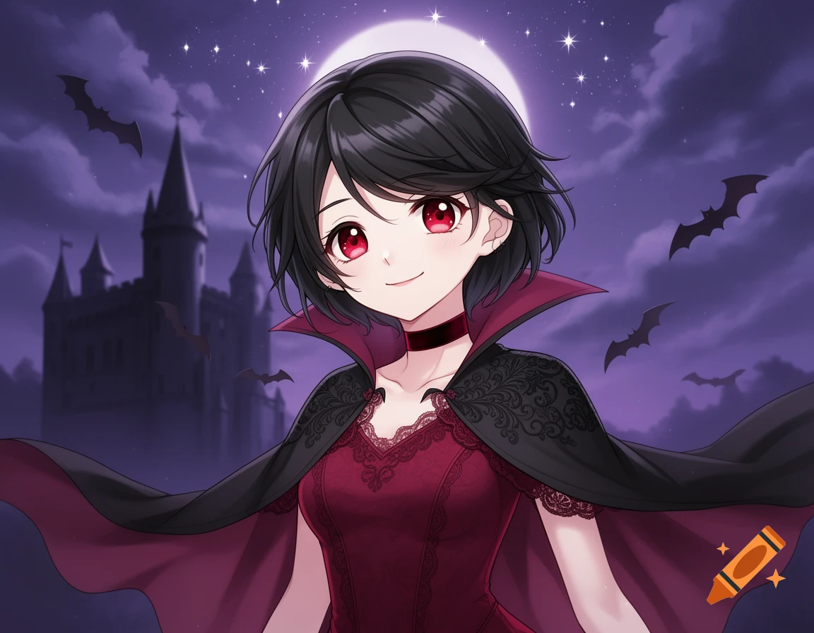An anime vampire girl with short black hair and red eyes, wearing a dark red dress and a black cape, in front of a castle under a full moon with bats.
