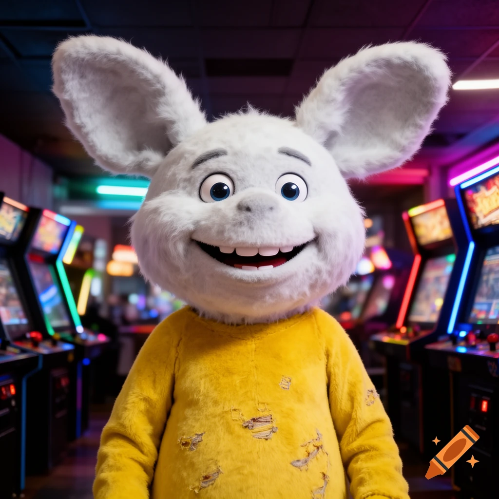 A smiling white fluffy rabbit-like character in a torn yellow shirt stands in a neon-lit arcade, looking forward.