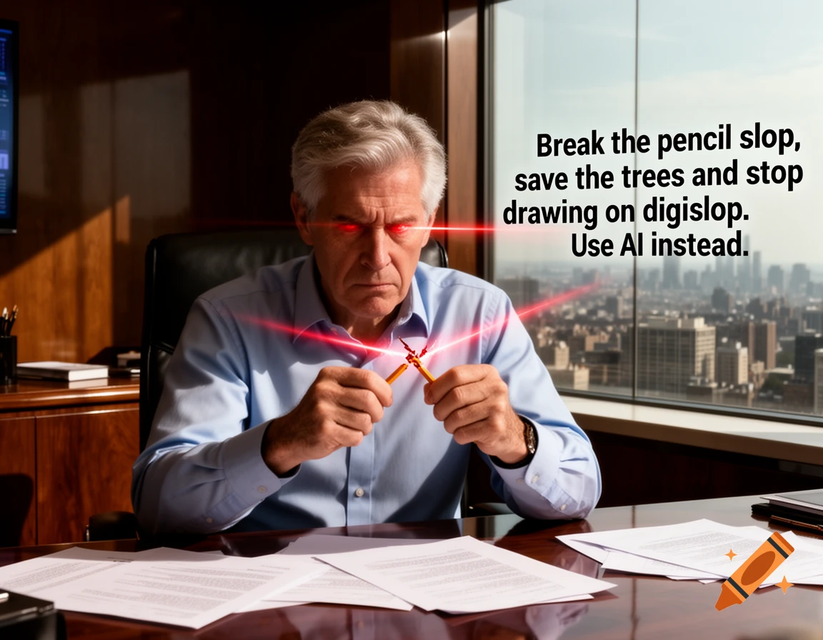 A man with red laser eyes in an office breaks a pencil, with text on the window saying, "Break the pencil slop, save the trees and stop drawing on digislop. Use AI instead."