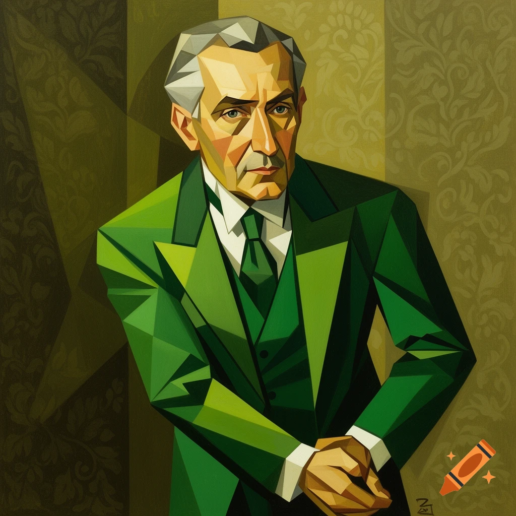Cubist portrait of a middle-aged man in a green suit and tie, with a patterned green background.