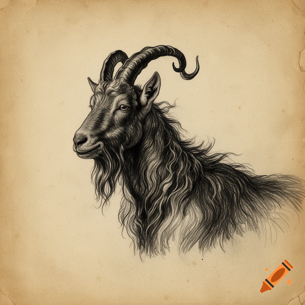 Detailed black charcoal drawing of a goat with twisted horns and a beard, on a rustic sepia-toned background.
