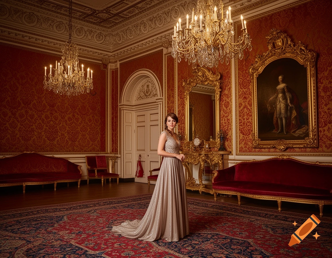 A woman in a shimmering gown stands in a grand, red and gold palace room with chandeliers and a patterned rug.