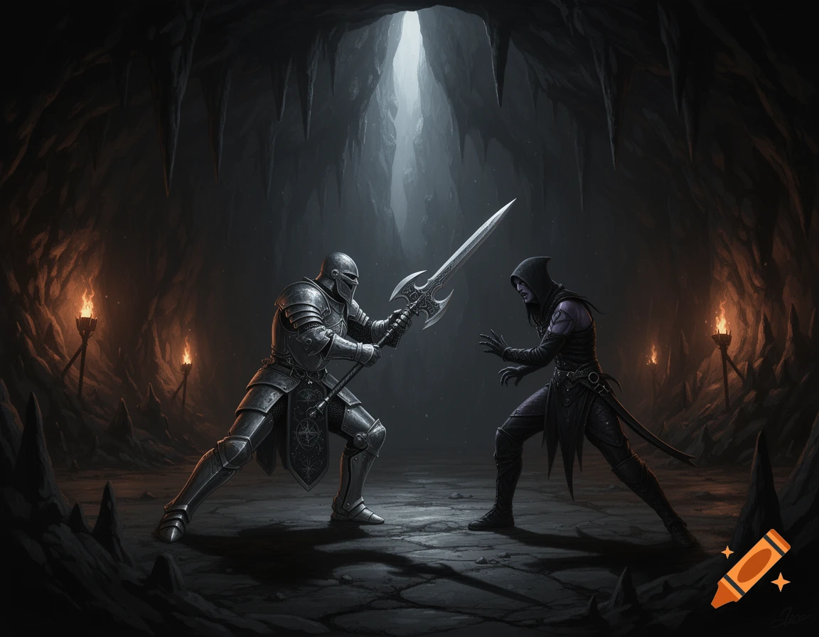 A knight in shining armor with a halberd confronts a hooded dark elf warrior in a dimly lit cave, torches illuminating the background.