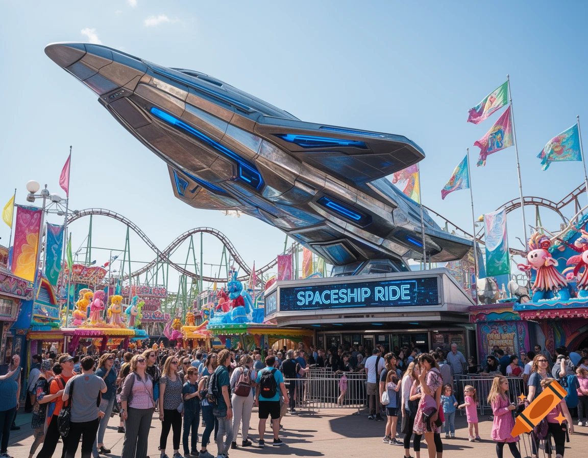 Photorealistic image of a futuristic spaceship ride at a crowded theme park, with a roller coaster in the background.